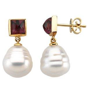 14K Natural Rhodolite Garnet & Pearl Drop Earrings