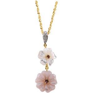 14K Natural White Mother of Pearl & Pink Tourmaline Diamond Necklace
