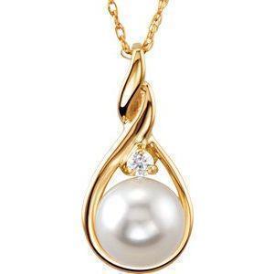 14K Yellow Cultured White Akoya Pearl & Natural Diamond 18" Necklace - Whitestone Jewellery