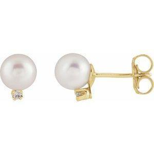14K Yellow Cultured White Akoya Pearl & Natural Diamond Earrings - Whitestone Jewellery