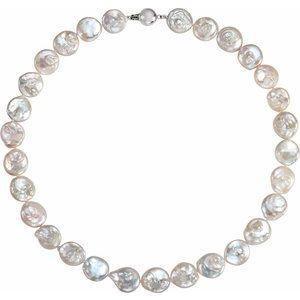 Sterling Silver 13-14 mm Cultured White Freshwater Pearl Coin 18" Necklace - Whitestone Jewellery