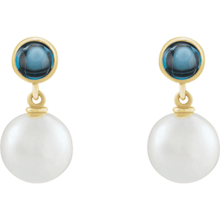 14K London Blue Topaz Cabochon Pearl Drop Earrings