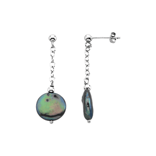 Black drop Pearl coin Earring in silver chain