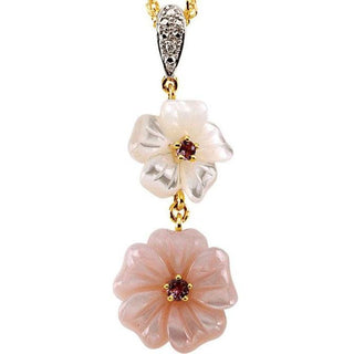 14K Yellow Natural White Pink Mother of Pearl & Natural Pink Tourmaline Diamond Pendant