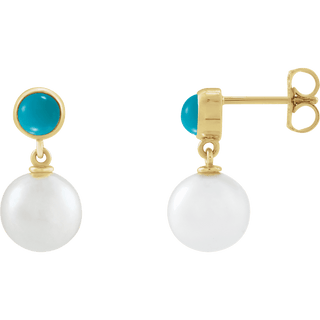 Cultured Pearl & Natural Turquoise Cabochon Drop Earrings