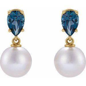 14K Yellow Cultured White Akoya Pearl & Natural London Blue Topaz Earrings - Whitestone Jewellery