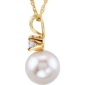 14K Yellow Cultured White Akoya Pearl & Diamond 18" Necklace - Whitestone Jewellery