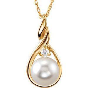 14K Yellow Cultured White Akoya Pearl & Natural Diamond 18" Necklace - Whitestone Jewellery