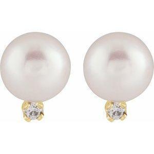 14K Yellow Cultured White Akoya Pearl & Natural Diamond Earrings - Whitestone Jewellery