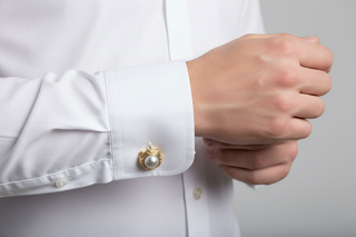 Close-up of a white shirt with gold cufflinks and a hand wearing a gold ring.