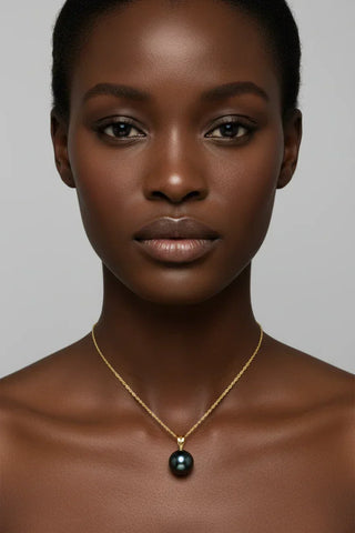 Black model wearing Akoya pearl necklace 
