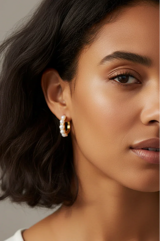 14K Pearl Huggie Hoop Earrings — Mixed Race Model