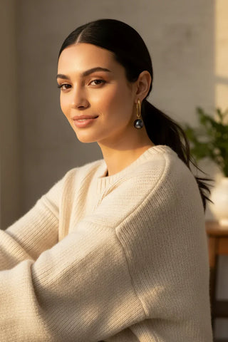 14K Yellow Gold Black Pearl Drop Earrings Lifestyle Shot