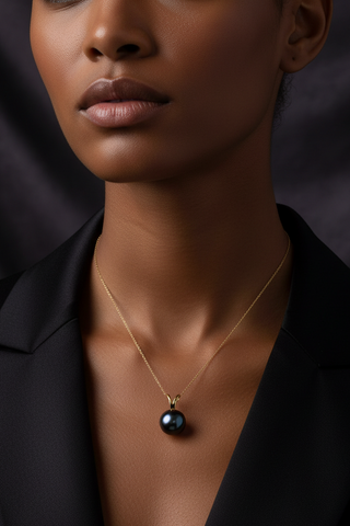 Close-up of a woman wearing a necklace with a black pendant against a dark background