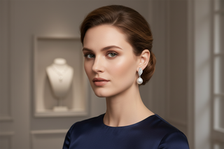 Woman wearing earrings in a neutral setting