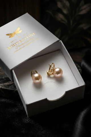 14K Cultured Pearl Omega Earrings in a white Whitestone Jewellery gift box