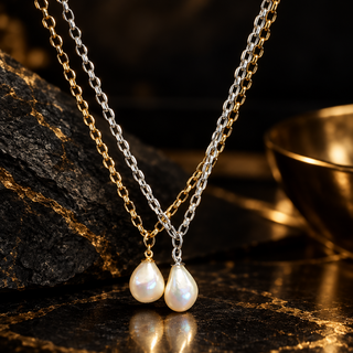 A close-up of a double-strand necklace with one gold chain and one silver chain, each ending in a teardrop-shaped white pearl pendant, displayed on a dark marble surface with a gold bowl in the background.