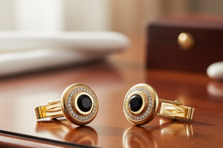 Gold cufflinks with black centers on a wooden surface