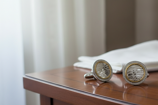 two round silver cufflinks with halo of diamonds on a wooden surface with a blurred background