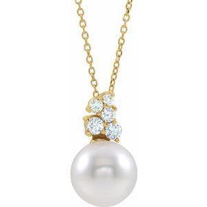 14K Yellow Cultured White Freshwater Pearl & Diamond 16-18" Necklace - Whitestone Jewellery