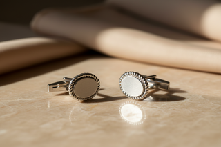 Two white gold cufflinks on a textured surface with soft lighting