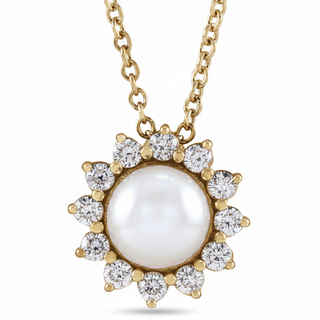 Halo-Style White Akoya Pearl &  Diamond Necklace