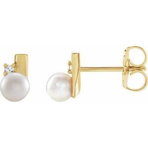 14K Yellow Cultured White Akoya Pearl & Natural Diamond Geometric Earrings