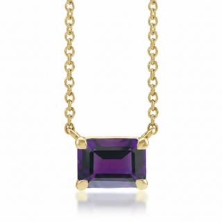 A gold chain necklace with a rectangular emerald-cut purple amethyst gemstone pendant, shown against a clean white background.