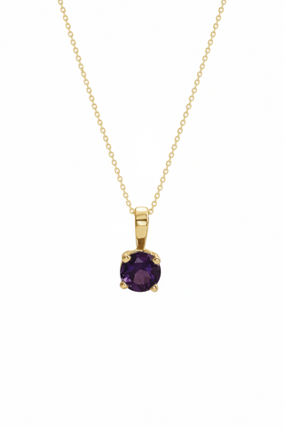 A gold chain necklace with a single 6mm purple amethyst gemstone pendant in a four-prong setting, shown against a plain white background.