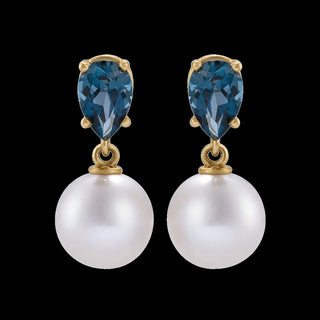 14K Yellow Cultured White Akoya Pearl & Natural London Blue Topaz Earrings - Whitestone Jewellery