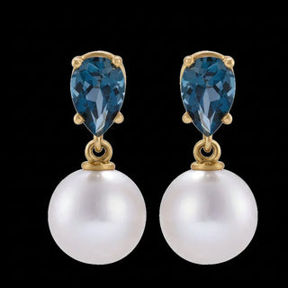 14K Yellow Cultured White Akoya Pearl & Natural London Blue Topaz Earrings