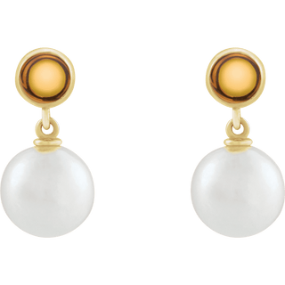 14K Cultured Pearl And Natural Citrine Cabochon Drop Earrings