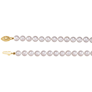 An akoya  pearl strand necklace with a 14ct gold fish hook clasp, on a plain white background.