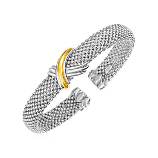 Popcorn Texture Cuff Bangle with X Motif in Sterling Silver and 18k Yellow Gold (10.00 mm) - Whitestone Jewellery