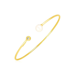 14k Yellow Gold Cuff Bangle with Pearl and Diamond (3.00 mm) - Whitestone Jewellery