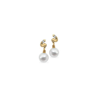 Pair of pearl earrings with gold and diamond accents on a white background