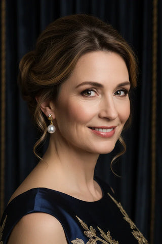 Woman wearing a dark blue satin dress with gold embroidery against a black background