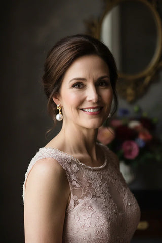 Woman in a lace dress with a blurred floral and mirror background