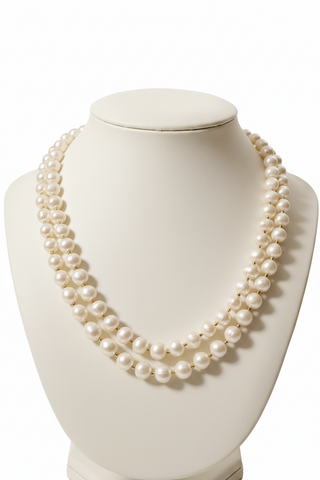 A double-strand pearl necklace displayed on a cream-colored jewelry bust against a white background.