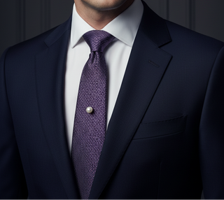 Man wearing a dark suit with a white shirt and purple tie against a dark background