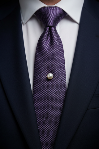 A close-up of a man's neck and chest wearing a dark navy suit jacket, white dress shirt, and a textured purple patterned tie with a single white pearl tie clip.