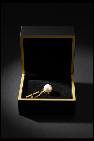 Gold tie pearl pin in an open black jewelry box on a black background