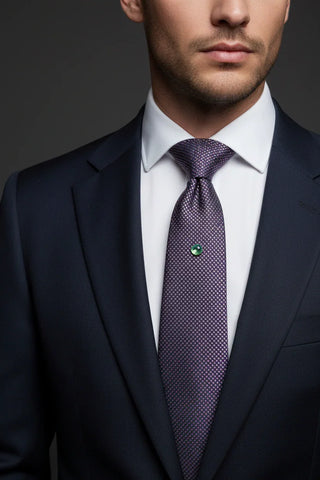 Elegant man in navy suit with patterned purple tie featuring a green gemstone accent.