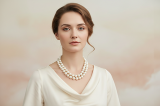 Woman wearing a pearl necklace against a soft, pastel background