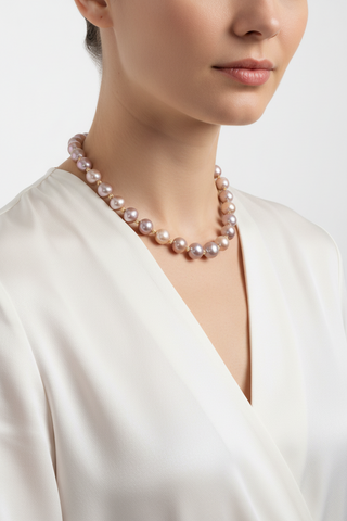 Pearl necklace worn by a model against a white background