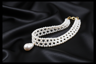 Pearl necklace on black satin fabric