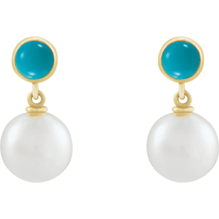 Cultured Pearl & Natural Turquoise Cabochon Drop Earrings