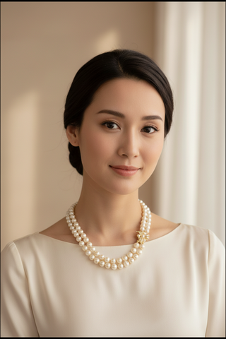 Woman wearing a pearl necklace against a neutral background