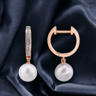 Elegant Rose Gold Diamond Freshwater Pearl Earrings