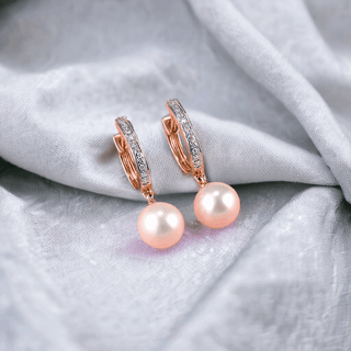 Elegant Rose Gold Diamond Freshwater Pearl Earrings